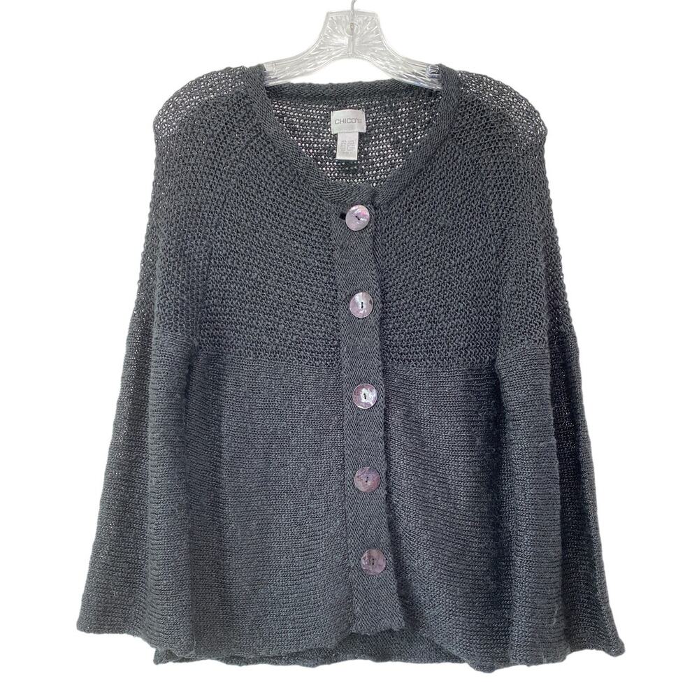 Chicos Open Knit Black Linen Cardigan Sweater Sz M 1 Boho Folk Flirty Cozy Chic - Picture 1 of 8